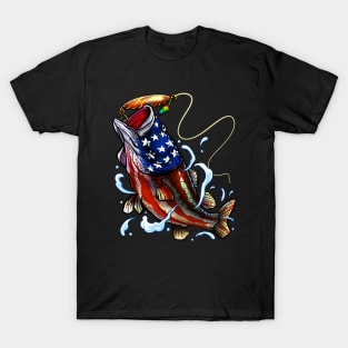 Bass Fishing - American Flag - Fourth Of July T-Shirt